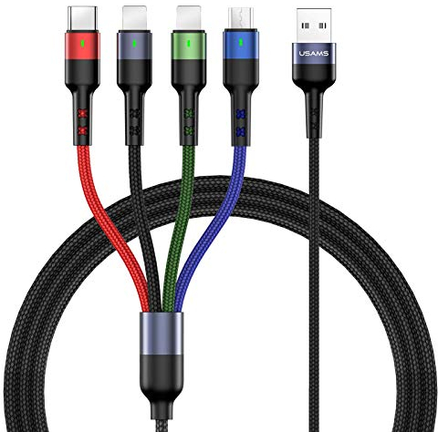 USAMS 2Pack Multi Charging Cable Multiple Charger Cord Nylon Braided 10ft/3m 4 in 1 USB Charge Cord with Phone/Type C/Micro USB Connector for Phone/Galaxy S9/S8/S7 and More (3M/10FT)