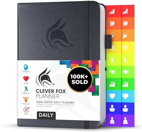 Clever Fox Tagesplaner - Bester Agenda & Tageskalender zur Steigerung deiner Produktivität, Zufriedenheit und Ziele - Persönlicher Tagesorganisator - A5, Undatiert - Silberschwarz (Englisch)