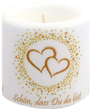 Serviettenshop Kerze rund zur Hochzeit | Herzen in gold | Ø 8cm | Höhe 7,5cm
