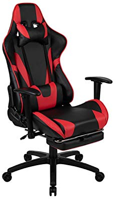 Flash Furniture X30 Gaming-Stuhl, ergonomischer Bürostuhl für PC- und Gaming-Setups, verstellbarer Rennsport-Stuhl mit vollständig verstellbarer Rückenunterstützung, Schwarz mit roter Verzierung