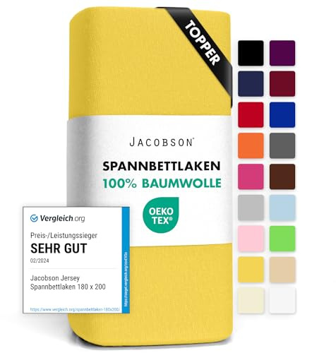 Jacobson Jersey Spannbettlaken Spannbetttuch Baumwolle Bettlaken (Topper 140-160x200 cm, Gelb)