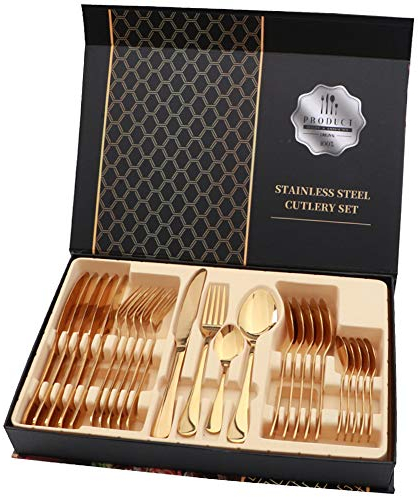 rismart 24 Pezzi Set di Posate Posati Argenteria, Includere Coltello, Forchetta, Cucchiai da minestra, Cucchiaini da caffè,Oro