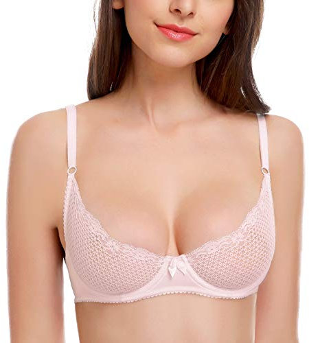 WingsLove Sexy Bra Sheer Wired See Through Soft 1/2 Half Demi Cup Unlined Bralette Lace Mesh Pink