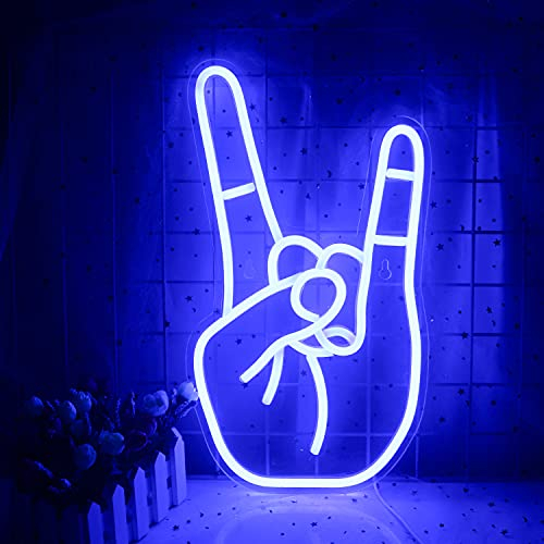 LUCUNSTAR Rock Gesture Cartello al neon con luce al neon blu, con luce al neon, decorazione per casa, interni, bar, sala giochi, hotel, decorazione da parete, festa di Natale, alimentazione USB (blu)