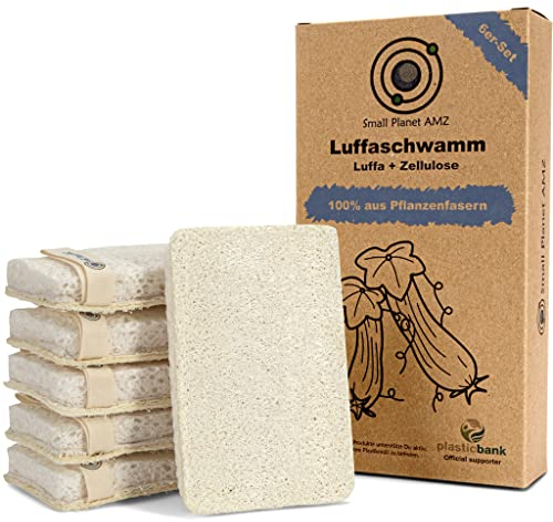 Small Planet AMZ® Öko 2-in-1 Luffa Schwamm, 6er-Set, nachhaltiger Duschschwamm & Küchenschwamm - Luffa + Zellulose - vegan & plastikfrei