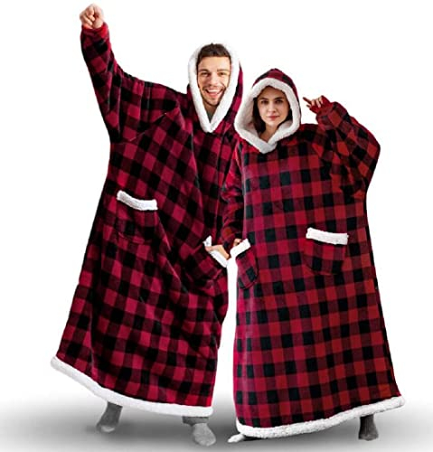 Sacebeleu Kuscheldecke mit Ärmeln,Oversized Weich Decke Hoodie Sweatshirt,Sherpa Kapuzenpullover für DamenHerren,Flauschige Flanell TV-Decke mit Ärmel,Tragbar Ganzkörperdecke,Gitter