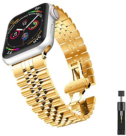 Oth erTech Bracelet en métal Jubilee compatible avec Apple Watch Series 7/SE/6/5/4/3/2/1 41 mm, 45 mm, 38 mm, 40 mm, 42 mm, 44 mm, bracelet de rechange réglable en acier inoxydable pour iWatch,