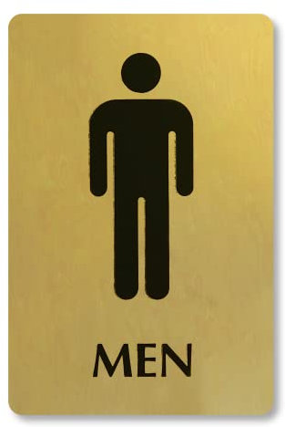 SmartSign 6 x 9 inch Mens Restroom Sign with Pictogram, 40 mil Brass Metal, Engraved, Door / Wall Mount Bathroom Sign, Gold and Black