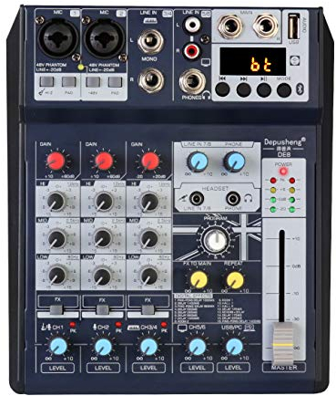 Depusheng DE8 Tragbare Mini-Mixer-Audio-DJ-Konsole mit Soundkarte, USB, 48-V-Phantomspeisung für PC-Aufnahme Singende Webcast-Party