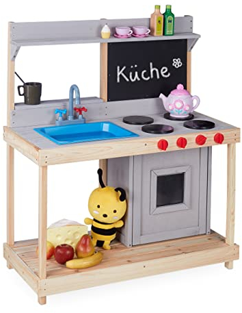 Relaxdays Matschküche, Kinder, mit Spülbecken, Herd & Ofen, Outdoor Spielküche, HBT: 100x87,5x40,5 cm, Holz, Natur/grau