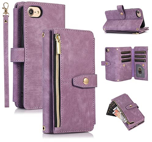 UEEBAI Case for iPhone 7/8/SE 2022 5G/SE 2020, 9 Card Slots Retro Leather Wallet Shockproof Flip Cover with Hand Strap Card Slots Zipper Pocket Kickstand Magnetic - Vintage Purple