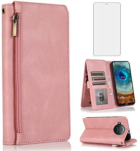 Asuwish Compatible avec Nokia X10/X20 Étui portefeuille en verre trempé avec fermeture éclair et support pour cartes et accessoires pour téléphone portable Nokia X10 10X Nokia X20 5G Or rose