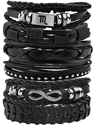 MILAKOO 6 Stk geflochtenes Lederarmband set Herren Punk Armband schwarz Gravur Personalisierung