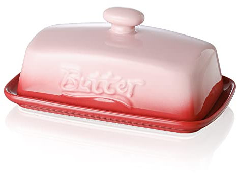 Butterdose Porzellan mit Deckel, Henten Home Große Butterschale für die Arbeitsplatte, Keramik Butterhalter zur Aufbewahrung von Butter, Spülmaschinenfest (Sakura Rosa)