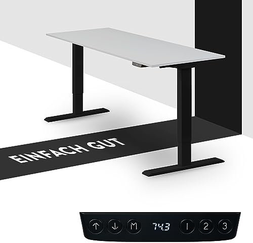 boho office® Höhenverstellbarer Schreibtisch 150 x 60 cm - Elektrisch stufenlos, 2 Motoren, 2-Fach Teleskop, Kollisionsschutz, USB-Anschlüsse - Homedesk Eco Schwarz inkl. Tischplatte in Lichtgrau