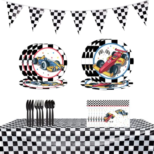PIUMOJ Rennwagen Partyzubehör Set, Rennwagen Party Geschirr, Auto Partygeschirr, Pappteller, Servietten, Tischdecke, Racing Car Party Supplies, Pappteller Kindergeburtstag Set, 16 Gäste