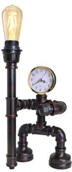 Vintage Industrial Water Pipe Table Lamp Steampunk Rustic Iron Gauge Clock Robotic Desk Lamp H3104P with 4w ST58 Edison Screw