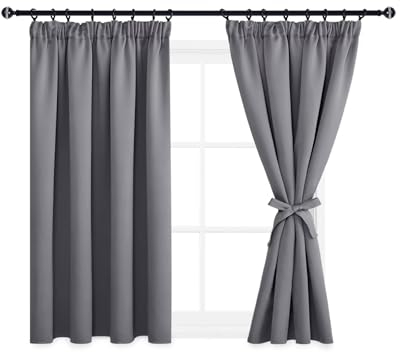 DWCN Gardinen Blickdicht Vorhänge mit Kräuselband Verdunklungsvorhänge mit Vorhang-Krawatten, Gardinen Kurze Vorhänge Küche Schlafzimmer Thermogardine Kälteschutz,137x117cm(HöhexBreite), Grau, 2er Set