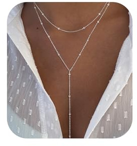 Picuzzy Layered Long Silver Plated Lariat Beaded Necklace for Women