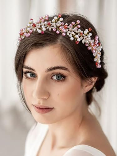 IYOU Perle Hochzeit Stirnband Rosa Blatt Braut Haarband Kristall Brautjungfer Braut Haarteil Haarschmuck für Frauen (Gold)