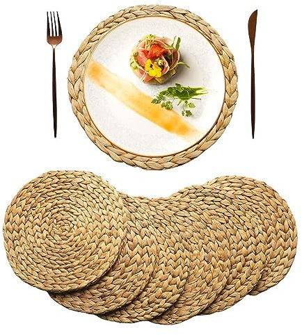 Teapro Round Woven Placemats - Set of 6, Water Hyacinth Table Mats - Luxury Quality Wicker Table Place Mats - Natural Handmade Rattan Seagrass Kitchen Dining Accessories (30cm)