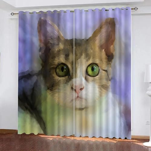 LUDSOL 3D Süße Katze Muster Vorhänge Lustiges Haustier Verdunkelung mit Ösen Vorhänge Kälteschutz Thermo Gardinen 225×140cm 2 Stücke (HöhexBreite) für Fenster Home Dekoration