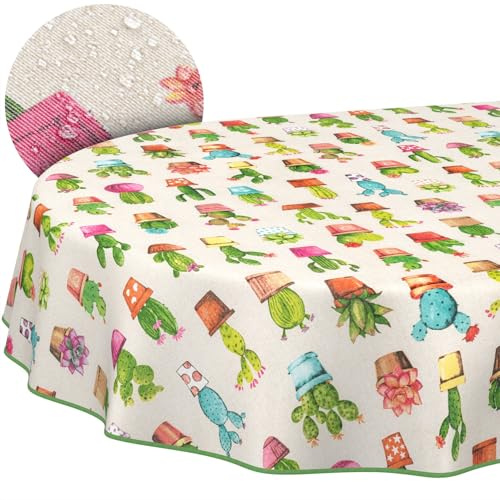 ANRO Tischdecke abwaschbar Kakteen mit Saum oval 180x140 cm In-/Outdoor | mit Saum eingefasst – schmutz- & wasserabweisend, pflegeleicht – waschbar bei 30 °C – ideal für Garten, Terrasse & Esszimmer