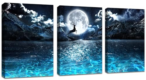 FajerminArt 3pcs Quadri Moderni Luna luminosa sulla notte blu dell'oceano Stampa su Tela Con Cornice Quadri su tela pittura su tela Decorazione Murale Soggiorno Camera da letto 90x40cm(30x40cmx3)