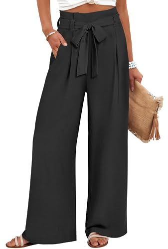 ANRABESS Womens Wide Leg Palazzo Pants Belted High Waisted Business Casual Flowy Long Trousers with Pockets Black-M