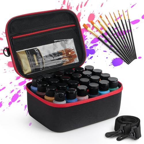 Acrylic Paint Set Organizer Case, Portable Protective Storage With 10 Brushes for Crafts, Case for 24 Bottles of 2 oz Paint Supplies Sets, Black