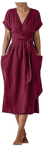 Robe Portefeuille Femme, Robe Cache Coeur Femme Robe Poches Longueur Du Mollet A-Line Dress Ample Fluide Decontractée Robe Manche Courte Robe De Plage Ample Confortable Grande Taille Robes Ceinture
