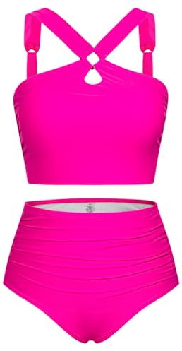 Hanna Nikole Große Größen Bikini Set Für Damen High Waist Bikini-Unterteile Bescheidene Badebekleidung Elastische Weicher Sport Schwimmanzug Rose Rot 50