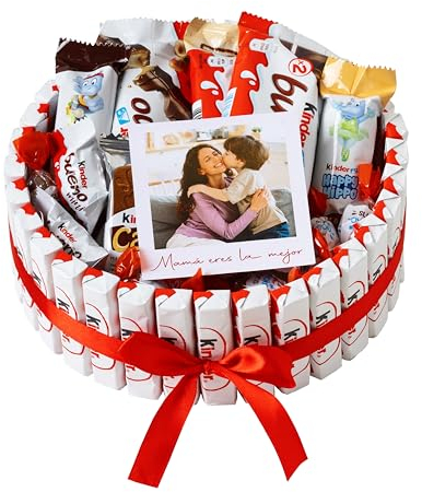Onza Cesta Kinder Navidad para regalar - Regalo Navidad Mujer, Hombre - Regalos Personalizados con Foto - Cesta de Chocolates y Bombones Kinder Bueno pack: Chocobons, Happy Hippo, Cards