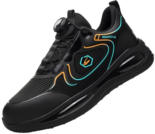 Gugifcto Arbeitsschuhe Sicherheitsschuhe Herren Damen Wasserdicht Leicht rutschfest Bequeme Stahlkappenschuhe mit drehverschluss Blackgreen 45EU
