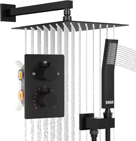 Unterputz Duscharmatur Set Thermostat 38℃, Duscharmaturen Unterputz mit Quadratischer Duscharmatur Regenduschkopf Duschset mit Handbrause 2 Funktionen Messing-Ventilkörper, 30x30cm (Schwarz)
