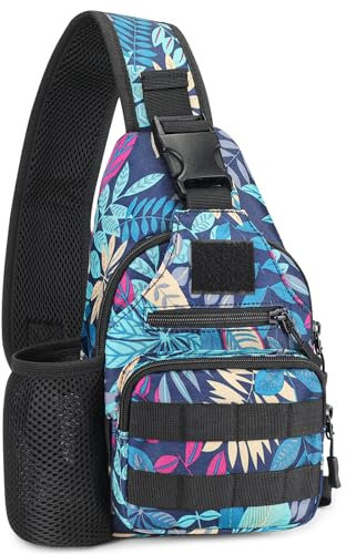 HUNTVP Taktisch Brusttasche Military Schultertasche Tactical Chest Sling Pack MOLLE Armee Crossbody Bag Militärisch Umhängetasche Mini Single Strap Rucksack für Reisen Wandern Camping (Blau Blatt)