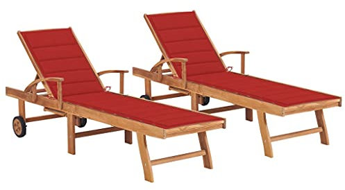 Homgoday Sonnenliegen, Sonnenliegen, 2 Stück, rotes Kissen aus massivem Teakholz, Sofabett, Gartenliegen, Pool-Liegen, Sonnenliege für den Garten
