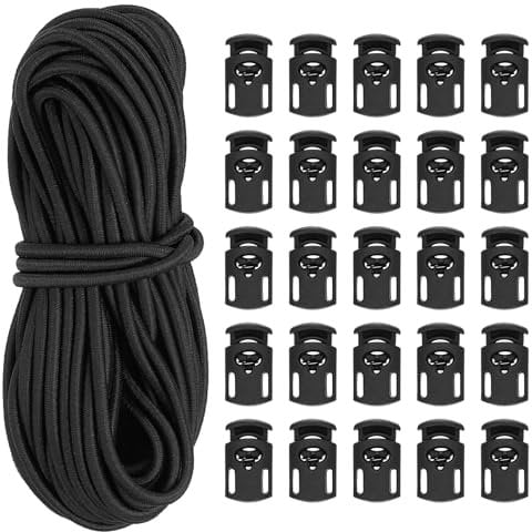 PATIKIL 10 Yard Elastic Bungee Cord & Single Hole Cord Lock, 25 Pack Plastic Oval Spring Toggle Stopper for Paracord Drawstring Shoelace Clothing Backpack Bags, Black