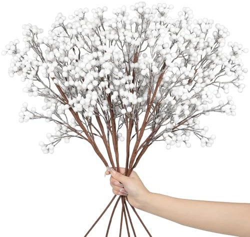 Wlicon 6 Tallos Largos de Bayas Blanco Artificiales, 73,5 cm Bayas Blanco Navideñas, Púas de Bayas Blanco Falsas para árbol de Navidad, Ramas de Bayas de Acebo Blanco para Arreglos Florales Navideños