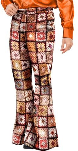 Smiffys Men’s 60s Vintage Crochet Print Flared Trousers – Retro 1960s Groovy Fancy Dress Pants, Flower Power Disco Bell Bottoms for Festivals, Parties & Dress Up