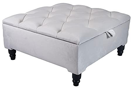 Chesterfield Ottomane mit Deckel, gepolstert, quadratisch, faltbar, mit Deckel, stilvoller Fußhocker für Wohnzimmer, Spielzeug und Schuhe, cremefarben