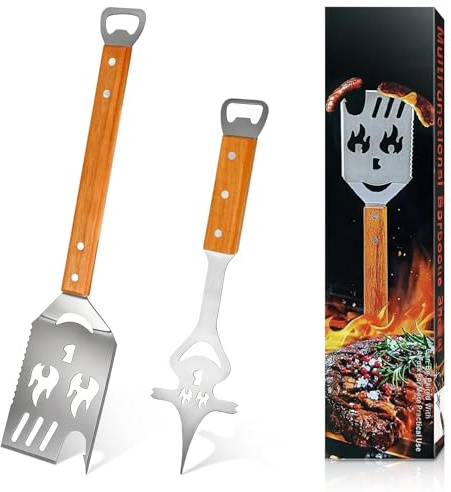 TTYSHIP® 2 Pièces Spatule Barbecue, Spatule Barbecue 8 en 1 en Acier Inoxydable avec Manche en Bois pour Picnics et Outdoor