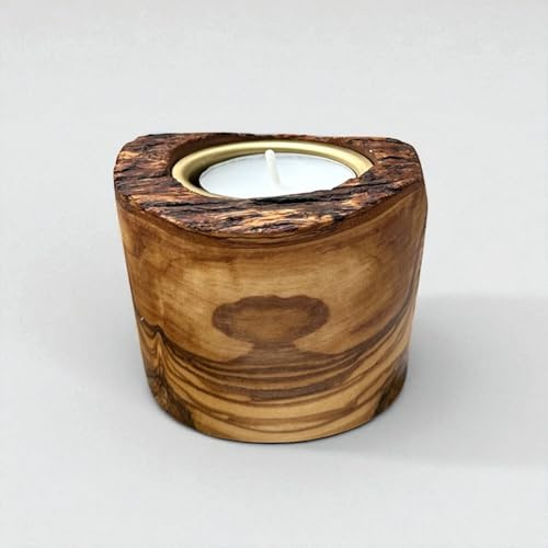 Rustikaler Olivenholz Teelichthalter mit Tülle, Handgefertigt, 8 cm Durchmesser, 5 cm Höhe