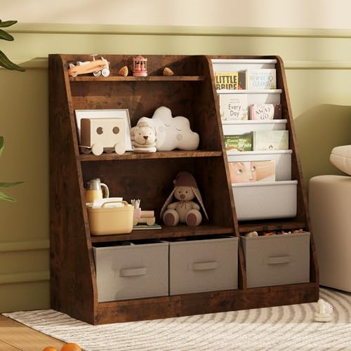 Hironpal Kids Bookshelf 3 Tier Book Shelf Kids Room with Toy Storage Box Wooden Childrens Nursery Bookcase Shelf for Kids Room and Nursery (Rust)