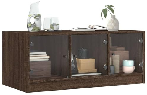 HOMELEN Table basse avec portes en verre - Marron - Aspect chêne - Verre - 102 x 50 x 42 cm - Espace de rangement - Table de salon pour aménagement moderne - Tables et tables basses