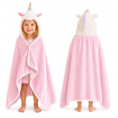 Einhorn Badeponcho Kinder Mädchen 3–8 Jahre, rosa Kapuzenhandtuch 70x130 cm, weiches saugfähiges Handtuch Poncho mit 2 Knöpfen, Kinder Badetuch für Baden, Pool und Strand