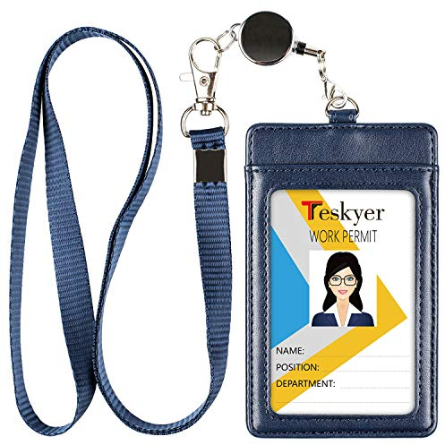 Teskyer Porte Badge, avec Cordon Rétractable, Porte Badge Tour de Cou, Porte Badge en Cuir PU, 2 Emplacements pour Cartes, pour Le Travail, L'école, Bleu