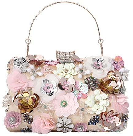 Handmade Flower Evening Bag Women Fashion Luxury Party Handbags Wedding Bag Floral Bag Purses and Handbags Clutch bag, Pink Gold, S