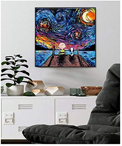 HHLSS Druck auf Leinwand 50x50cm ohne Rahmen Starry Night Series Snoopy und Charlie Poster Leinwanddruck Wandkunst Gemälde Dekor Bilder Wanddekoration
