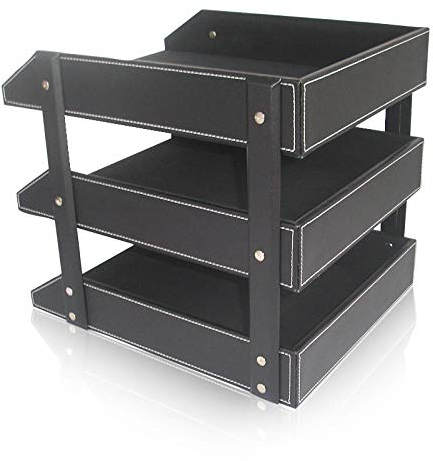 TTOOY Leder Desktop Aktenschrank, File Magazine Tray DREI-Schicht-File Organizer Halter Langlebige File Storage Rack Schrank für Office Home School-Schwarz A272